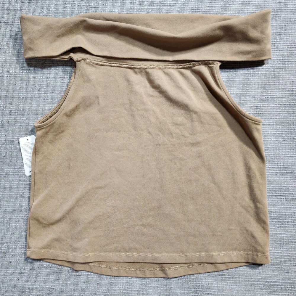 Aerie Tan Brown Off The Shoulder Crop Top Sleeveless Folded Neck Size L NEW - Picture 3 of 9